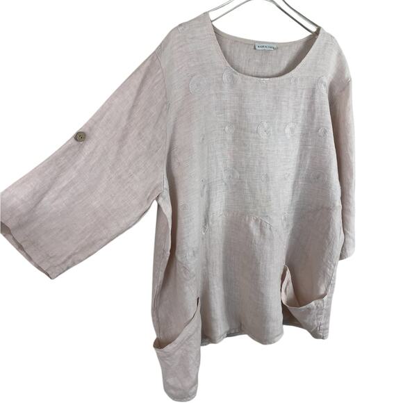 Made In Italy Linen Top Asymmetrical Boho Laganlook Roll Tab Sleeve Pink Large - Picture 8 of 15